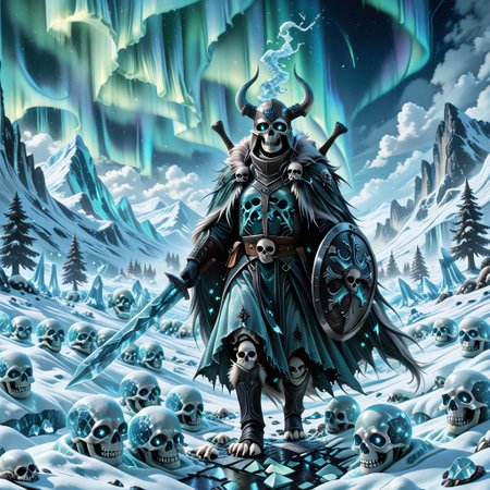 cf_style, skullthemeXL, frost glow, icy fog, rune sparkle, cartoon realism, bold expressions,
(1 fierce cat), wearing a horned Viking helmet and rugged fur cloak, holding a large round shield made from a fractured skull with glowing icy runes.  
Standing on a hill of broken skeletons, freshly fallen snow partially covering bone piles.  
Background is a frozen battlefield with ghostly enemies in the mist, aurora borealis casting green-blue glow on the scene.  
Fur covered in frost shards, battle pose with dramatic wind-swept motion. High-detail fur texture, frosty particle effects.