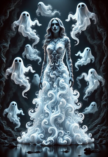 aidmafluxpro1.1, SW1RLYGH0ST, 
A pale woman is wearing a glowing dress made of ghosts. she has a pale skin, detailed blue eyes and red lipstick. The scene is set in a dark twisted forest where swirly ghosts are flying around here.
masterpiece, best quality