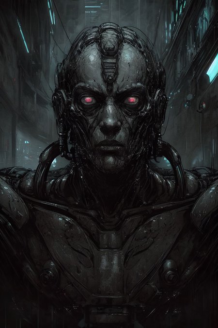 safe_pos, Create an image in the cyberpunk style featuring a half-human, half-machine character with a strong erotic undertone. The character's body is a fusion of biomechanical elements, with robotic parts seamlessly integrated into a human frame. The image should highlight a complex web of wires and cables intricately woven throughout the body, giving the impression of a technological network. The human outlines are barely visible, subdued by the metallic and mechanical components. The background could include neon lights, rain-soaked streets, or a gritty urban environment, enhancing the dystopian atmosphere. The character could be in a suggestive pose, emphasizing the contrast between organic and synthetic elements, focusing on the eerie beauty and allure of this cybernetic being. Use high levels of detail and sharp focus to bring out the sensuality and contrast in the composition.
