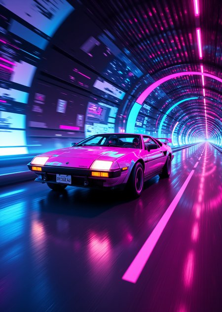 <lora:ck-Neon-Retrowave:1>, ck-nw,  in the style of ck-nw, action shot of a DMC-12 car driving through a tunnel