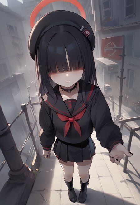score_9,score_8_up,score_7_up, rating_questionable, source_anime, 1girl, seijitsu-noeye, justice task force member \(blue archive\),(no eyes:1.2), hair over eyes, black hair, halo, choker, beret, black serafuku, red neckerchief, short skirt, thighs, goth, black fingernails, black boots, standing, (from below:0.7), dutch angle, full body, city at night