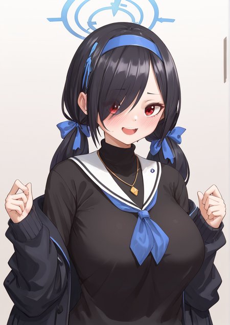 1girl, hinata (blue archive), ui (blue archive), huge breast, , alternate costume, alternate hairstyle, black hair, black sweater, blue hairband, blue neckerchief, blue ribbon, blush, breasts, cardigan, cosplay, costume switch, gold necklace, hair over one eye, hair ribbon, hairband, halo, jewelry, looking at viewer, low twintails, neckerchief, necklace, off shoulder, open mouth, red eyes, ribbon, sailor collar, shirt, smile, solo, sweater, swept bangs, turtleneck, turtleneck sweater, twintails, ui (blue archive) (cosplay), upper body, white sailor collar, white shirt, zPDXL3  <lora:åç§å:1>