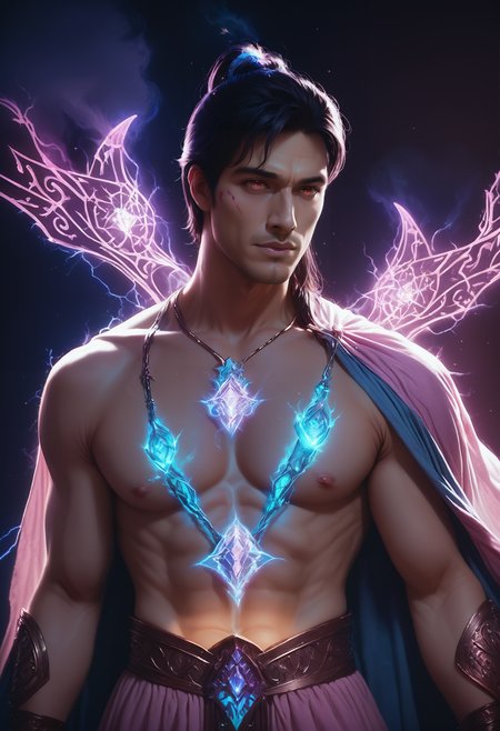D&D style portrait, fantasy, digital art, Male AI, wearing Nightgown,  concept art, man, detailed face, professional fine composition, advanced cinematic perfect light, detailed, complimentary colors, intense, elegant, vivid colors, extremely rich detail, SeijSDXL <lora:SeijSDXL:1>, pinkmist, <lora:heartmiststyle:0.5>