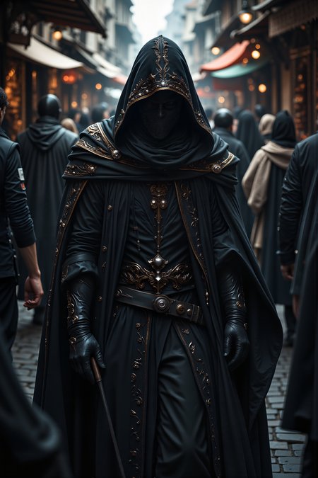 A hyper-realistic portrait, photorealistic photo close-up image of  In the heart of a bustling marketplace, a mysterious figure weaves through the crowd, their presence barely noticed by the busy merchants and traders who call out their wares. Draped in a cloak of deep, shadowy black, the stranger moves with the grace of a predator, each step purposeful, yet nearly silent. Their face is hidden beneath a hood, and the faint glimmer of golden embroidery along the edges of their cloak catches the light only for a moment before disappearing back into the folds of shadow. The air is thick with the scent of spices, roasted meats, and freshly baked bread, but the stranger seems untouched by the vibrant life of the market. People part unknowingly as they pass, a subtle ripple in the crowd that suggests an unseen power at work. The sounds of haggling and laughter fill the square, but to the stranger, they seem distant, muffled, as though they are walking in a world just adjacent to this one. Their gloved hands remain hidden beneath the cloak, though the faintest glint of silver can be seen at their waistâa weapon, perhaps, or something more ancient and dangerous. (photography, high-resolution, dynamic, energetic,hyper-realistic, dramatic lighting, shallow depth of field.), detailmaximizer, MythP0rt<lora:midjourney_whisper_flux_lora_v01:0.55><lora:aidmaMJ6.1-FLUX-V0.1:0.4><lora:FluxMythP0rtr4itStyle:0.4><lora:detailed_flux_ntc:2.2><lora:aidmaImageUpgrader-FLUX-V0.1:0.65>