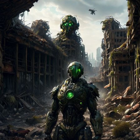 Apocalyptic landscape inspired by Fallout,wasteland, post-apocalyptic,4K HD,wide angle, cinematic,very detailed,
building in ruin, city in ruin, urban decay, a crowd prostrates before a humanoid robot