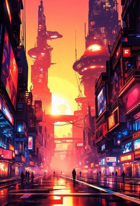 Inkpunk Anime, Abstract digital painting in the style of ck-js, concept art, futuristic, streetview of futuristic sci-fi city, towers, domes and skyscrapers, sunset, rule of thirds, perfect lighting, sunset, HD32K, wallpaper, hyperdetailed