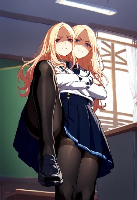 (((1girl))), ((8arms, three heads, six legs, trileg)),  score_9, score_8_up, score_7_up, score_6_up, score_5_up, score_4_up, shiny skin, leg focus, juosena, (((black pantyhose))), fully clothed,((from below)), thick thighs , arms crossed, one leg up, feet wearing loafer toward viewer , stepping the viewer, six legs, trileg, ((disgusted face)) , shaded face,indoors , classroom, [shadows], light rays, Expressiveh