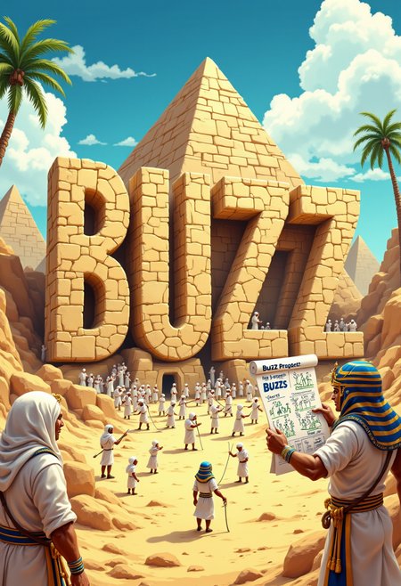 Subject: A whimsical cartoon-style scene in ancient Egypt, featuring the construction of a colossal "Buzz Pyramid" made of massive stone letters spelling 'Buzz'.

Style: Lighthearted and humorous cartoon art with exaggerated expressions and vibrant details, reminiscent of animated storytelling.

Composition: The giant stone letters dominate the foreground, where dozens of Egyptian workers in simple linen kilts and headscarves are pushing the blocks into place. Overseers with exaggerated gestures and whips comically shout orders. Near the camera, one Egyptian soldier in a gold and blue nemes headdress proudly holds a rolled-out papyrus displaying the 'Buzz Project!' blueprint with doodles of the Buzz Pyramid and stick-figure workers.

Lighting: A bright, sunlit day with warm tones of golden sand and a vibrant blue sky. Soft shadows emphasize depth while keeping the scene playful.

Color Palette: Warm yellows and golds dominate the sand and stone, with accents of blue and white in the sky, and earthy tones for the workers and tents. 

Mood/Atmosphere: Playful and absurd, capturing the humor in the exaggerated efforts of the workers and the ambitious scale of the Buzz Pyramid project.

Technical Details: Slightly wide-angle perspective to emphasize the scale of the Buzz Pyramid. Workers are scattered at different depths to add dynamism.


aidmafluxpro1.1