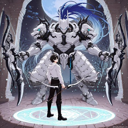 2boys, gay, yaoi, human x robot, interspecies, size difference, contrasting builds, full body, perfect anatomy, easynegative, clear eyes, BREAK 

[1boy, m1namoto_n0_tametom0, robot, helmet, long blue hair, ponytail, white armor, halfskirt, bow_(weapon)], BREAK

[1boy, Ritsuka_Fujimaru, (Human), twink, pale skin, short hair, black hair, turquoise eyes, (glasses), dagger, spellbook, white and black hooded robe, black boots], BREAK

Barren plains, night, blood moon, smile, standing together, look at each other, magic circle, glow, BREAK

masterpiece, perfect quality, best quality, perfect anatomy, absolutely eye-catching, homoerotic, BREAK

((4k,8k,Ultra HD)),((Masterpiece :1.2)),((Best quality :1.2)),((Detailed :1.5)),((Detailed background :1.5))