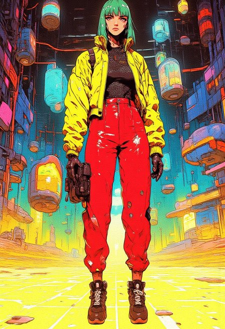 A hyper-detailed, semi-realistic anime retro cyberpunk full-body shot of a striking woman with vibrant green hair styled in a short French bob, her hair sleek and shiny under the neon lights. She wears edgy netted clothing, Yellow latex jacket, red high waist sports trousers, black high ankle sneaker boots, accentuating her tanned skin and giving off a futuristic, rebellious vibe. The metallic textures of her outfit catch the light, reflecting the iridescent glow from the floor beneath her. The floor shimmers with yellow, sky blue, and orange hues, creating a vibrant yet surreal atmosphere. Surrounding her are eight surreal, abstract objects that float mysteriously in the background, their shapes bending reality with cyberpunk aesthetics, adding to the dreamlike, futuristic setting. The blend of retro and futuristic styles, combined with the sleek textures and neon-infused lighting, creates a visually captivating scene. <lora:Cyberpunk Anime Style:1>. <lora:CPA:0.93> <lora:anime_martzv2:0.53> anime_martz,  <lora:RetroAnimeFluxV1:0.33>