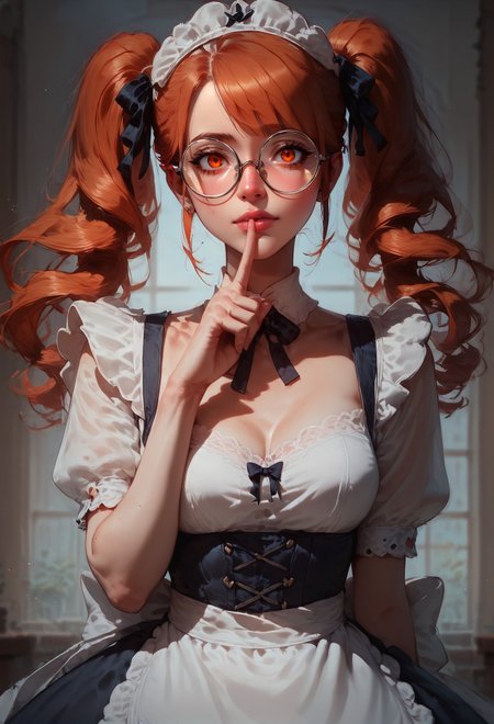 ASCIIscore_9, score_8_up, score_7_up, 1 girl, blush, beautiful face, Wilnayaa, orange eyes, round glasses, orange hair, twintails, floating hair,bangs, (housemaid brim, housemaid dress), perfect female waist, suggestive pose, hand to mouth with raised index finger  <lora:sdxl\Concept Art Twilight Style SDXL_LoRA_Pony Diffusion V6 XL:0.6> concept art, realistic,  <lora:sdxl\Wilnaya:0.8> <lora:sdxl\sinfully_stylish_SDXL>