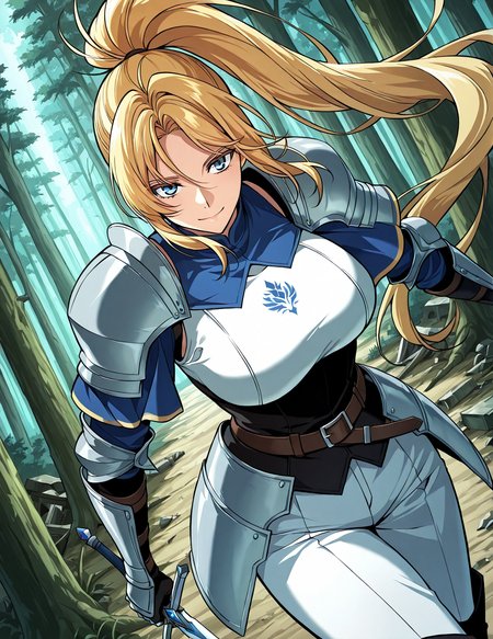 <lora:Kiri_Frodmain Illustrious:1>
1 girl, solo, blue eyes, blonde hair, long hair, ponytail, bangs, large breasts
armor, gauntles, boots, breastplate, belt, shoulder armor, pauldrons, white pants
score_9, score_8_up, score_7_up, very aesthetic, source_anime, detailed, high quality, beautiful, masterpiece, detailed eyes, forest, tree, ruins, cowboy shot, dynamic angle, upper body, light smile, dynamic pose, holding, holding a sword