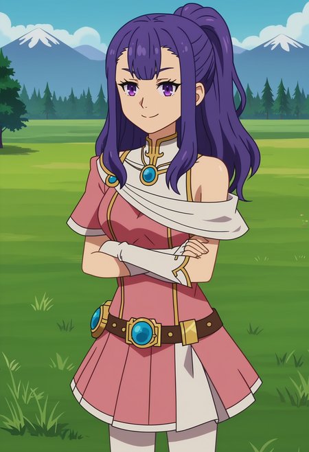 solo, <lora:Kushitani Asaka-000010:0.8>, KushltanlAsaka, purple eyes, purple hair, long hair, ponytail, half updo, sidelocks, pink dress, off-shoulder dress, gold trim, pink skirt, turtleneck, half updo, ponytail, sidelocks, off shoulder, single bare shoulder, short sleeves, layered sleeves, white dress, sleeveless shirt, single sleeve, white pantyhose, asymmetrical clothes, belt, white gloves, elbow gloves, fingerless gloves, crossed arms, outdoors, fantasy, grass, rural, mountainous horizon, smile, facing viewer, cowboy shot, legs, score_7_up, anime screencap
