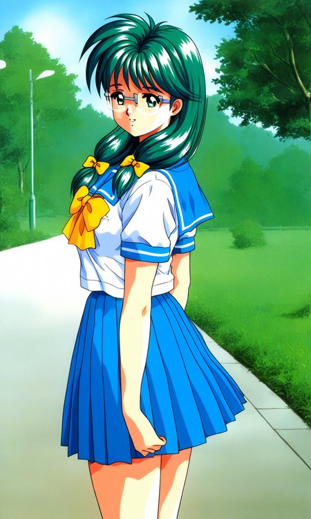 general,highres, ultra-detailed,very aesthetic,best quality ,best hands, BREAK <lora:Kisaragi_Mio_Tokimeki_Memorial_Ver2.0_IS:1>semi-rimless eyewear,
Kisaragi_Mio(Tokimeki_Memorial), 1girl, solo, green hair, twintail, long hair, green eyes, hair over shoulder, Yellow bow, hair bow, low-tied long hair, medium breasts, 
blue school uniform, serafuku, jewelry, yellow bow, Yellow bow, blue skirt, blue sailor collar, pleated skirt, short sleeves, 
outdoor, tree, sky,