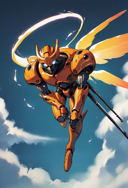 score_9, score_8_up, score_7_up,score_6_up, score_5_up, score_4_up,source_anime,retro artstyle,halftone effect,epic,intricate linework,solo,no humans,a biomechanical golden armored angel with energy wings and a mechanical halo and a robotic head and tubes and mechanical joints and glowing blue eyes holding a lance and flying in the sky,sky,flying,clouds,full body,1boy,creature