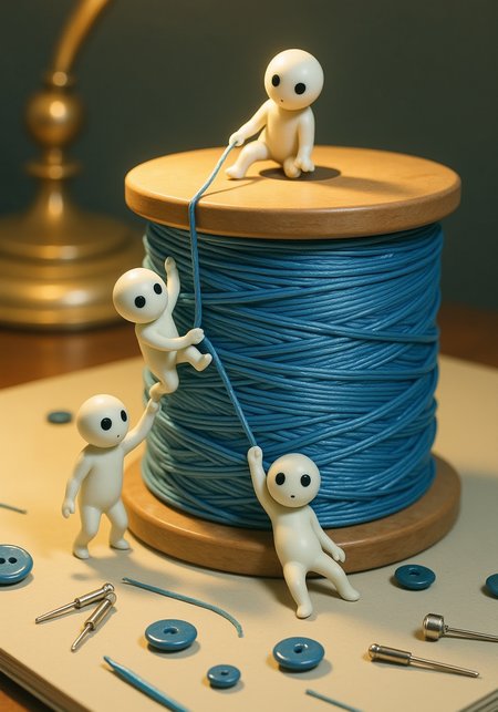 a playful group of tiny kodama sliding and climbing across a large wooden spool of blue thread, the fine strands of silk gleaming softly under the warm glow of a nearby lamp; some kodama hold onto the loose end of the thread, using it as a rope to rappel down the spoolâs side, while others perch at the top like curious sentries; scattered sewing pins and buttons litter the soft fabric surface below, adding scale and variety to the cozy, creative workspace<lora:kodama_flux.safetensors:1.0:1.0>