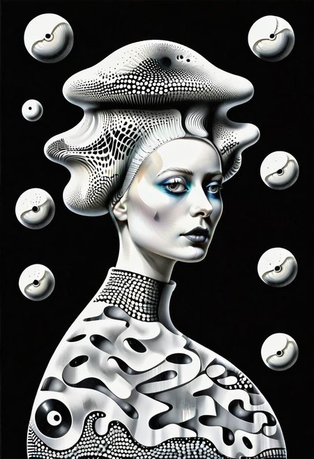 raw sketch of interwoven concrete cement pebbles cob cobblestone shell scales, by Bellmer, by Malevitch, by Kandinsky, Surreal psychedelic bizarre, psychedelic hallucination, pop surrealism, rough crosshatch drawing pop art Lunatic_Portrait of a young woman in latex Avant-garde Fashion page, slick back, low bun, black makeup, sinister expression, intense glare, (melting flesh covered in moss, rot, mold, bubbles, droplets:1.5), avant-garde, abstract, weird, geometric, constructivism, suprematism, rayonism, verticism, lineism, tj