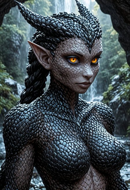Alien-themed score_9, score_8_up, score_7_up,  female human dragon hybrid, close-up of head and shoulders, outdoors near a waterfall at night, covered in dark matte scales as skin, dragon scale armor, striking reptilian eyes with vertical pupils, dragon horns, bald except a braided ponytail, exudes confidence and power, 
 <lora:sdxl_lightning_8step_lora:1.0>, rating_safe,  . Extraterrestrial, cosmic, otherworldly, mysterious, sci-fi, highly detailed