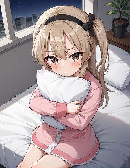 score_9, score_8_up, score_7_up, source_anime, rating_safe, BREAK <lora:arisuShimadaXL_LoRA-C3Lier_AdamW_Dim8_Alpha8_UN-3e-4_TE-1.5e-4_10batch_ponyDiffusionV6XL_v6StartWithThisOne:1>, shimada arisu, 1girl, brown eyes, long hair, light brown hair, one side up, small breasts, hair ribbon, black ribbon, black hairband, worried, blush, pillow hug, holding pillow, white pillow, pink pajamas, sleepwear, head tilt, looking at viewer, looking up, from above, sitting, on bed, bed, potted plant, white wall, window, night sky, night, city lights