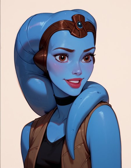 <lora:Disney_Style:.9> <lora:princess_xl_v2:.75> <lora:add-detail-xl:.9> <lora:g0th1cPXL:.3> <lora:Cherry-Gig:.45> <lora:Expressive_H:1> <lora:PLASTT_PonyV6:1> <lora:missionvao:.7>  score_9, score_8_up, score_7_up, zPDXL, DisneyRenstyle, score_9,score_8_up,score_7_up,score_6_up, white background, front lit, 
1girl, missionvao, twilek, blue skin, colored skin, lekku, fingerless gloves, beautiful face, perfect face, brown eyes, perfect eyes, eyes half open, excited expression, smile, full lips, black choker, black tank top, grey vest, sleeveless,