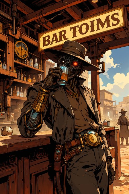 At the end of a long, winding desert road, a dusty saloon built from riveted steel and weathered wood sits beneath the scorching midday sun, its large brass sign glinting in the light. Leaning against the bar inside, a rugged gunslinger with a mechanical arm and glowing, crimson eyes sips from a glass of whiskey, his wide-brimmed hat pulled low over his face. The saloon is filled with the sounds of ticking gears and the soft hum of a steam-powered piano, its keys moving on their own as it plays a slow, haunting melody. Behind the bar, an automaton bartender polishes brass mugs with mechanical precision, its glowing blue eyes flickering as it watches the patrons. The gunslingerâs coat is frayed at the edges, and his twin revolvers, each adorned with intricate clockwork designs, rest on his hips, their barrels glowing faintly with untapped energy. Around the room, a mix of humans and clockwork cowboys sit at the metal tables, playing cards or exchanging stories of distant steam-powered cities. The air is thick with the scent of oil and whiskey, and the faint hiss of steam can be heard from the pipes that run along the ceiling. Outside, the distant whistle of a steam train echoes through the town, a reminder that the Wild West is ever-evolving in this age of gears and steam.<lora:Anime v1.3:0.4><lora:XRSTYLE_FLUX:0.5><lora:RetroAnimeFluxV1:0.5><lora:Let_It_Blaze_in_Crimson_anime_v1.0:0.4><lora:MJanime_Flux_LoRa_v3_Final:0.4>