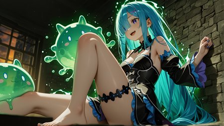 adding a flirty detail., escher-style geometry, Olive Theme, slime_(creature), fox_girl, amazing quality, motion_lines:1.1, anime character, best quality, slime_(creature), Night Scene, depth of field, streaked hair, very long hair, ephemeral, Midnight blue hair, nail_polish, very aesthetic, perky breasts, absolutely eye-catching, dusk, newest, Satella (Re:Zero), absurdres, happy, motion_blur:1.1, 1girl, A lace garter skirt with built-in garters, Sludge dewatering building interior (centrifuge/press), Sitting with back against wall, Worm's eye view, magic glowing aura, ambient occlusion, ultra-detailed, masterpiece, HDR, 2boys, barefoot, light skin, 8K