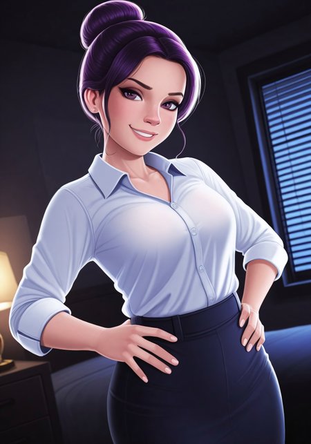 masterpiece, best quality, newest, absurdres, highres, 1girl, solo, amazing quality, good lighting,


 looking at viewer, hands on hips, smiling, dynamic pose, dynamic angle, peace sign,  safe for work, sfw, elegant pose, office outfit, hair bun, , medium build, purple hair, glossy lips, female focus, solo focus, peace sign, bedroom, window, nighttime, lamp,

(soft skin shading:1.4), (glistening highlights:1.3), (detailed hands:1.3), (smooth shading:1.4), (bold outlines:1.3), (soft lighting:1.3), (vibrant colors:1.4), 


dynamic angle, foreshortening, eyes half closed, seductive smile, shadman