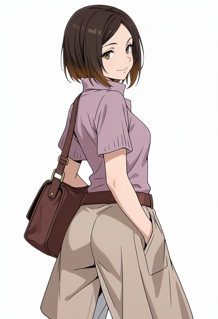 Smooth Quality,masterpiece,very intricate, high quality details, ultra realistic, high detailed skin,detailed enviorement,absurdres,
simple background, white background,solo,
walking, one hand in pocket, looking aside, casual, confident,  ,from behind,seductive smile,
 <lora:Kirara_Mizutani_cnn:0.8> 1girl, short hair, brown hair, multicolored hair, two-tone hair, brown eyes, at viewer, upper body,shirt, short sleeves, collared shirt, coat, pants, purple shirt,brown belt, shoulder bag,