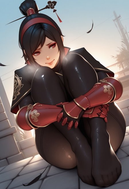 outdoors, undershirt, falling feathers, black bodysuit, hair stick, hugging own legs, , gauntlets,   eyeshadow,   red gloves,  high ponytail,  , black capelet, red hairband, pink eyes, 1girl, solo, feet, visible breath,   dynamic angle, foreshortening, smell, steam, dako