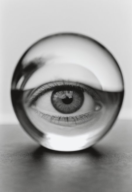 Close up of a upside down Girl’s eye Throughout A Glass sphere, refraction, Soft diffused lighting, grayscale, Monochromatic, Black and White, Muted Tones, Minimalist, Ethereal, Leica MP, Leica Noctilux 50mm f0.95  Lens, Kodak Tri-X 400 Film, 35mm Film, Film Grain, Film halation