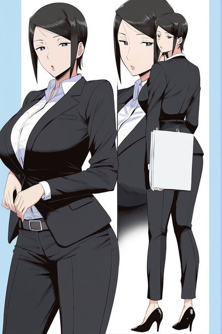 masterpiece,aunt kana,1girl,breasts,pants,solo,formal,suit,shirt,belt,looking at viewer,collared shirt,mature female,high heels,office lady,<lora:Aunt_Kana:1>,aunt kana,