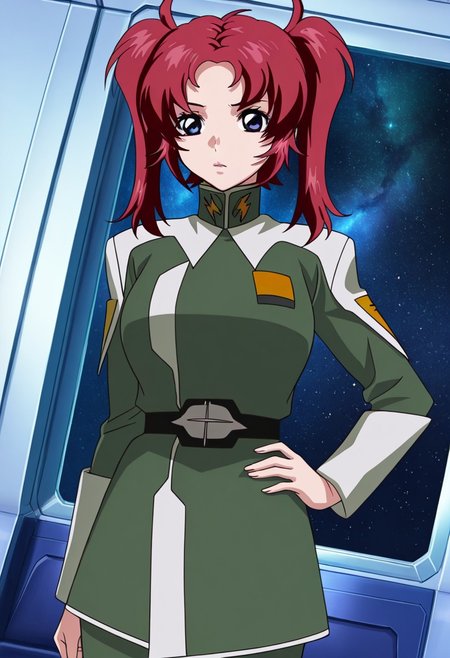 general,highres, ultra-detailed,very aesthetic,best quality ,best hands,best eyes,easynegative,
dynamic anglre, dutch angle, anime cloring,anime screencap,
1girl solo,looking at viewer,space ship, indoors, hand on hip, 
Meyrin Hawke,red hair,twintails,blue eyes,huge breasts,military uniform,