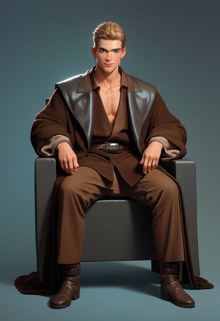 score_9,score_8_up,score_7_up,score_6_up, 1boy, boy,(handsome, cute) solo, blue eyes, blond hair, sitting on chair, smug,, very short hair,(muscular body:0.8)), Sci-fi Environments, Sci-fi chair, jedi robe, 1boy, male focus, full body,  jedi robe, belt, brown clothes, robe, coat, Coruscant