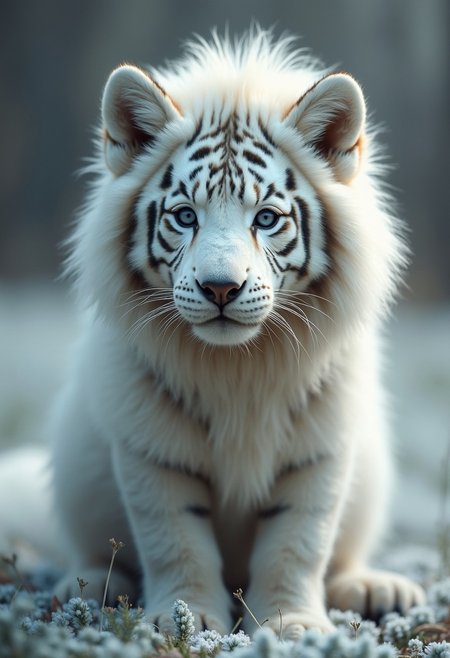Envision a cute chimera, wolf lion. an uncanny blend of a wolf and a lion, Embodying the strange beauty of undiscovered biodiversity, colored mostly frost white with tiger stripes