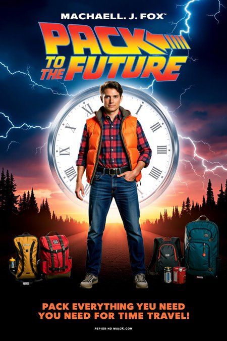 mvpstr. Epic Movie poster for "Pack to the Future," starring Machael J. Fox. The main character stands confidently, mid-action, with jeans and an iconic orange sleeveless puffer jacket over a plaid shirt, with backpacks, camping equipment around. The background features a dark, stormy sky with streaks of lightning and a large, retro-futuristic clock face. The tagline reads: "Pack everything you need for time travel!" Neon colors, dramatic lighting, retro sci-fi movie poster style, cinematic composition. <lora:schnell_v1.0:1.0> <lora:EpicMoviePoster-000015:1.0><lora:785053827955964865:0>