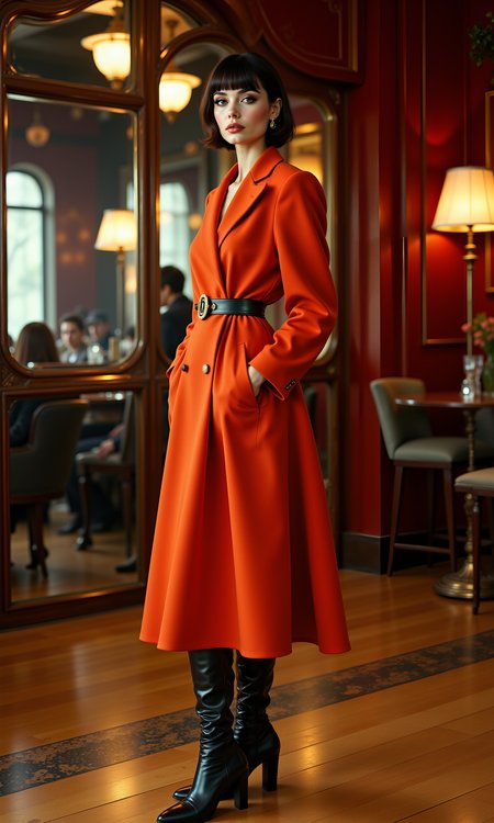 Award-winning fashion photograph, featuring Audrey Hepburn in a sophisticated 1960s outfit by Courrèges. She is wearing a structured trapeze coat, styled with polished ankle boots. The outfit is designed in shades of bold primary colors, accentuating the 1960s style.
break
dynamic pose, timeless beauty, looking ahead, straight-on, dutch angle, fullbody shot, reflections in glass, ruffled clothing, gazing into the distance,
break
A glamorous 1960s music recording studio, capturing the essence of 1960s high-fashion elegance and sophistication.
break
8k, ultra photorealistic, vibrant colors, intricate textures, detailed fabric, cinematic lighting with subtle shadows, Kodak Porta 600 film grain effect, Rembrandt lighting, slight lens flare, warm golden-hour ambiance, soft bokeh for depth, timeless fine art, fashion editorial style. 1960s, fashion shoot, extravagant, colorful outfit, beautiful model, <lora:FLUX.1-DEV_-_Wild_1960s_Fashions_LoRA:0.9>, aidmafluxpro1.1, <lora:aidmaFluxPro1.1Stylev0.2:0.7>, backinblack, <lora:Back_in_Black:0.2>, ArsMovieStill, 50s Noir Movie Still, <lora:50s_Noir_Movie:0.2>,