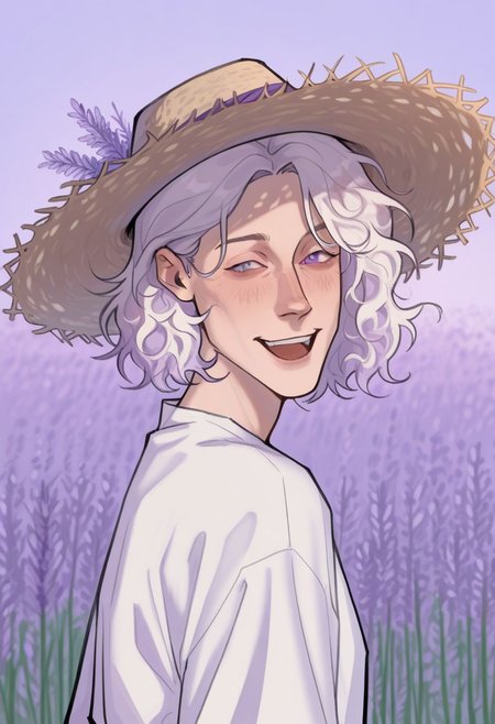 best quality, detailed face, detailed eyes, , , 
by vor sirkov 
masterpiece, best quality, absurdres, highres, general, by kp
 1 boy ,short hair, hair behind ear, parted bangs, asymmetrical bangs, wavy tips, wavy hair,bright white hair, lavender purple eyes,bright purple throw, solo, field of colors ,sparkling smile ,smile, looks at the viewer, reflections background,sun hat, sun rays, open smile, partially turned back, garden with lavender, close flowers, lavender, slightly squinting, straw hat with flowers, flowers on the hat ,white shirt,lilac on the hat, long lilac flowers
