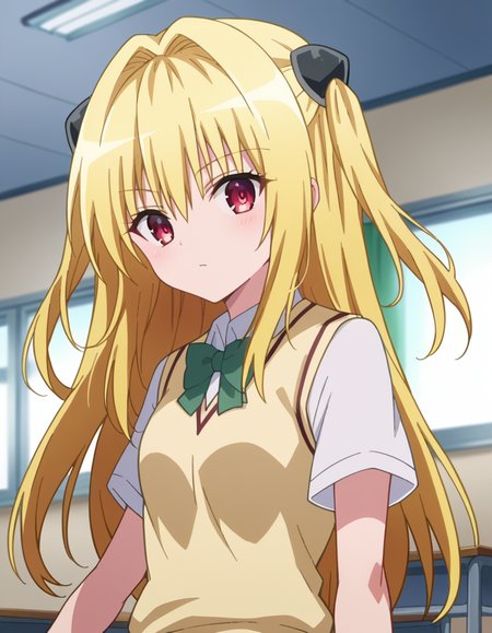 score_9, score_8_up, score_7_up, source_anime,
toloveruyami, <lora:golden-darkness-ponyxl-lora-nochekaiser:1>,
yami, yellow hair, long hair, red eyes, hair ornament, two side up,
school uniform, shirt, white shirt, bow, green bow, skirt, green skirt, pleated skirt, short skirt, sweater, light brown sweater vest, short sleeves,
indoors, classroom,
looking at viewer, cowboy shot, dutch angle, dynamic pose,