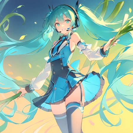 1girl, 
solo, headphones, aqua eyes, detached sleeves, smile, spring onion, twintails, headset, zettai ryouiki, long hair, very long hair, necktie, thighhighs, aqua hair, skirt, 
masterpiece, best quality,  safe
 <lora:mki-ani31-blackmeow-v1-000120:1>