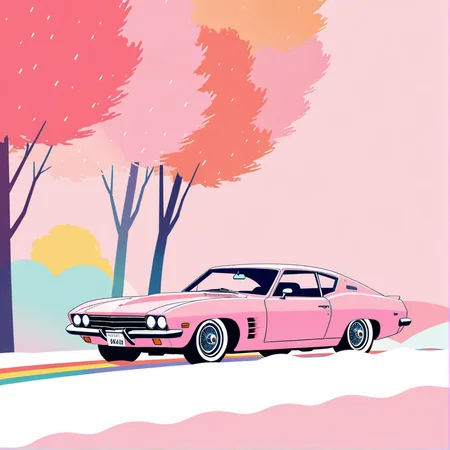 sci-fi, illustration,  <lora:EnvyKyotopunkXL01:0.5>, kyotopunk:0.3 <lora:EnvyShadowMinimalismXL01:0.25> (shadow minimalism:0.2), sharp lines, different colors, <lora:welcoming_ntc:--1.25>, stunning car-sized snow, in autumn, Pastel Pink background, Far-reaching, (rainbow color palette:0.1)