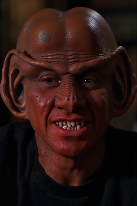 A hyper-realistic portrait, photorealistic photo close-up image of  A bald ferengi wit sharp teeth smiling (photography, high-resolution, dynamic, energetic,hyper-realistic, dramatic lighting, shallow depth of field.)<lora:aidmaMJ6.1-FLUX-V0.1:0.6><lora:Movie_Portrait><lora:Flux DetailerV2><lora:ferengiV1_FLUX:1.3>