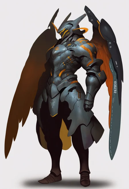 best quality, amazing quality, very aesthetic, absurdres,
1boy, helmet, armor, breastplate,
grieves, gauntlets, mechanical, robot, wings,
full body, solo, standing, white background, simple background,  <lora:KyoungHwanKimNoobLocon_byKonan:1>