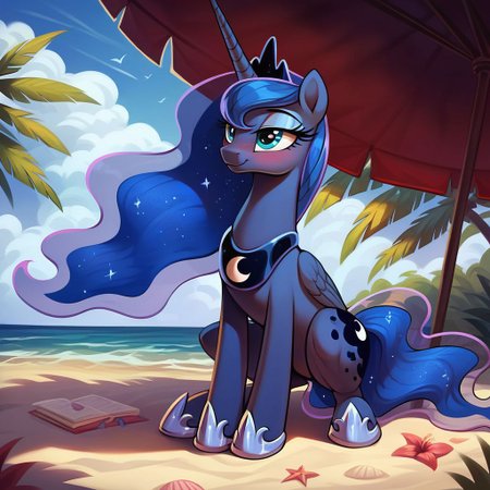 masterpiece, score_9, score_8_up, score_7_up, (best quality:1.1), ultra-detailed, high resolution, beautiful detailed eyes, Highly Visible, 8k, Princess Luna, pony, alicorn, g4, both cutie marks, female, feral, sharp focus, beautiful, perfect lighting, beautiful eyes, anatomically correct, anatomically correct face, extremely detailed, (on beach), shine on body, high detail, blush, naughty face, Squatting, Expressiveh, OverallDetail