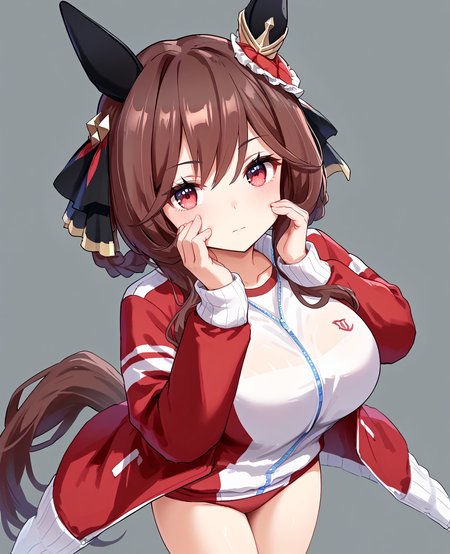 score_9, score_8_up, score_7_up, 1girl, (looking at viewer:1.2), (closed mouth:1.0), expressionless,, , simple background,, (Posing with hands on cheeks:1.2),, (from above:1.2),
gentildonna \(umamusume\), <lora:pony_gentildonna_v1.01:1>, horse ears, horse tail, breasts, (large breasts:0.7), (brown hair:0.5),
<lora:_sdxl-um-tracenjersey-pony:0.6>, red jacket, track jacket, , tracenjerseyburuma, red buruma,,,
