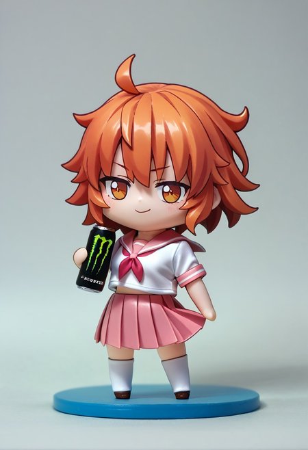 score_9, score_8_up, BREAK 1girl, fujimaru_ritsuka_(female),\(fate\), smirk, score_9, chibi, chibi girl, chibi inset, figure, small body, looking at you, standing, holding, monster energy, school uniform, serafuku, white shirt, pink sailor collar, short sleeves, pink skirt, pleated skirt, white thighhighs,