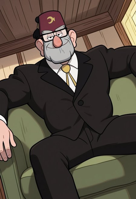 absurd res, Masterpiece, best quality, high quality, detailed, male, solo male, 1boy, StanleyPines, human, mature male, big nose, black eyes, gray hair, stubble, square jaw, square rim glasses, glasses, broad shoulders, hairy, five o’clock shadow, thick eyebrows, belly, old man, indoors, looking at viewer, sitting on couch, black suit, white shirt, bolo tie, maroon fez, eyepatch, living room, half body, hat, smile, gravity falls, friendly, angled view, dutch angle, cowboy shot