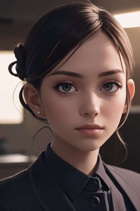 1girl, suspicious , wearing tailored , with Updo , background kitchen epic (photo, studio lighting, hard light, sony a7, 50 mm, matte skin, pores, colors, hyperdetailed, hyperrealistic), close up