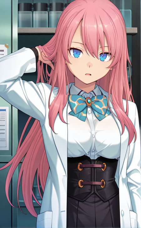 masterpiece, best quality, highres, newest, 1girl, solo, official style, anime screencap, <lora:IL_Kashieda_Hiori:1>, hiori, pink hair, long hair, blue eyes, white shirt, medium breasts, bowtie, lab coat, corset, black pleated skirt, looking at viewer, expressionless, indoor, hand on hair, open mouth