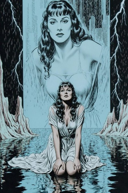 alexray1 drawing
Shot from the side, overhead shot of a surreal, scene featuring a woman with long, dark hair, kneeling on a reflective, wet surface under intense artificial rain and lightning. She wears a flowing, sheer, white dress, clinging to her as she gazes forward with an intense, almost sorrowful expression. Behind her, a massive digital screen displays a blurred, haunting image of the same woman, layered with flashes of lightning,  <lora:alexray1_nocap_d6a3:1.0><lora:815514139746284091:0>