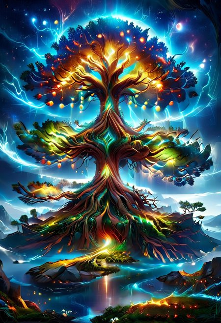 A captivating night scene illustration Yggdrasil tall on a large snowy mountain overlooking a lake. lthndrtrl, Yggdrasil, emits a warm glow, highlighting its incredible magic and grandness. The snowy  hill is covered in great pine trees, reflecting on the calm, moonlit snow  that mirrors the silvery moonlight. The full moon graces the sky, casting an ethereal glow on the clouds and mountain, while wispy clouds partially obscure its brilliance, adding to the scene's mystique. Twinkling stars dot the sky, creating a celestial tapestry that harmonizes with the moon's radiance. This enchanting artwork captures a serene and peaceful night, where the illuminated Yggdrasil stands resolute amidst the celestial beauty, creating a cinematic experience., illustration, cinematic, lthndrtrl, Yggdrasil
<lora:DonM3t3rn1tyXL-v1.1:0.7>, DonM3t3rn1tyXL,
OverallDetailXL  <lora:MJ52:0.3>  <lora:SDXLFaeTastic2400:0.4>  <lora:EpicF4nta5yXL:0.7>